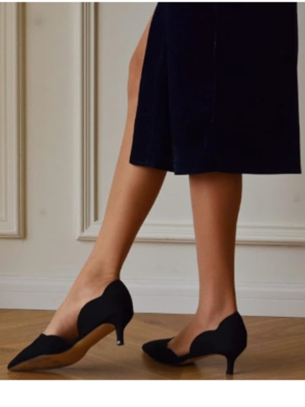 YDN Black Classic Pointy Toe Kitten Pumps Slip-on Suede Low Heel D'Orsay Shoes